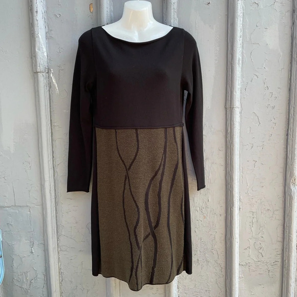 Sarah Pacini Two-Tone Moss Green & Black Long Sleeve  Midi Dress, One Size - Picture 1 of 9